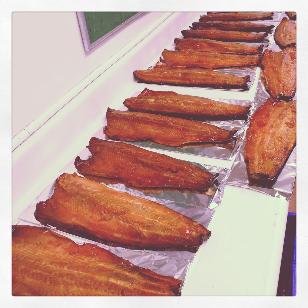 Portions of apricot glazed smoked salmon arranged on a serving dish.