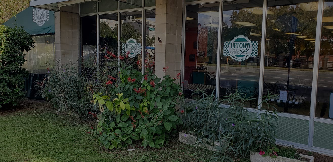 The cafe from the sidewalk at dusk: a green awning, tall windows carrying the Uptown Cafe decal, and a flower bed along the front.